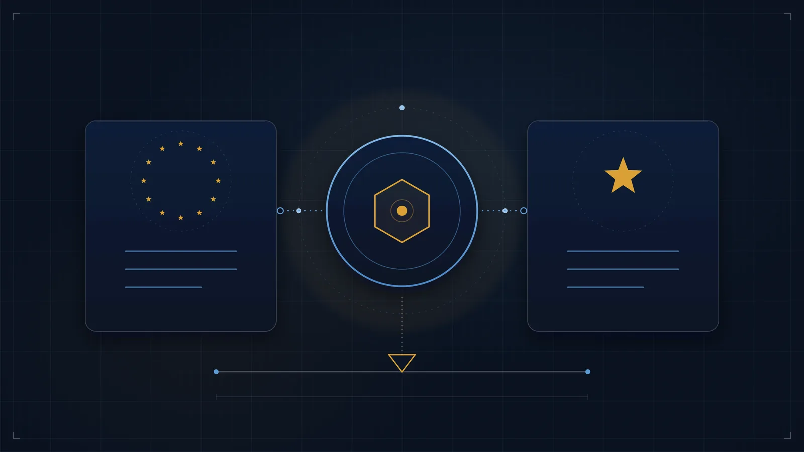 Abstract illustration of a stablecoin between two regulatory frameworks, a European framework and a United States framework