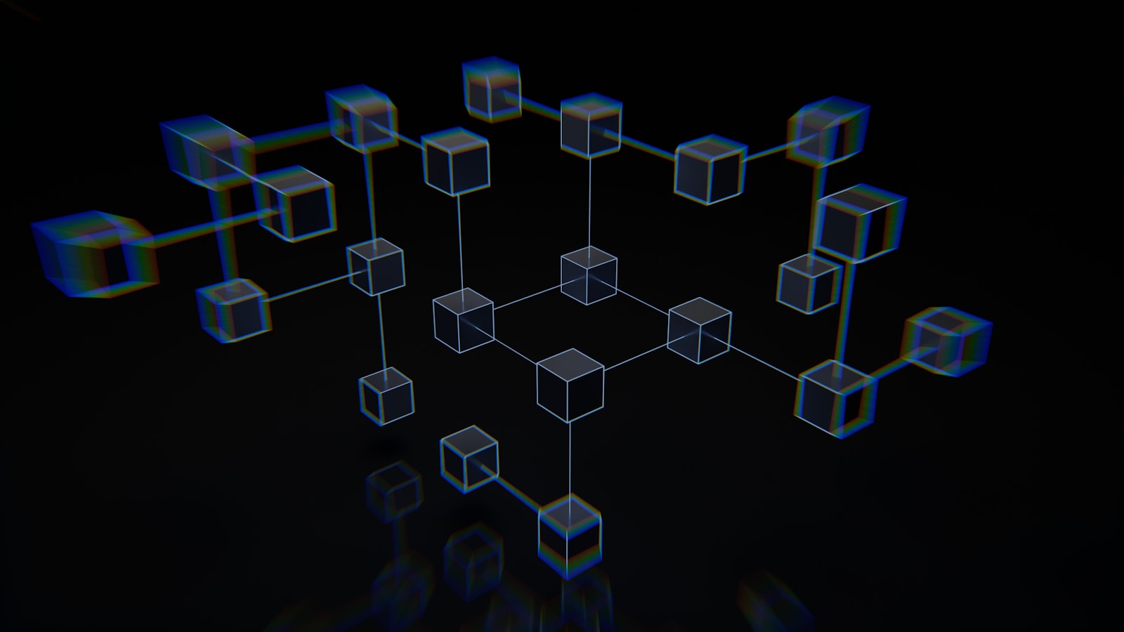 Three-dimensional render of linked blockchain nodes